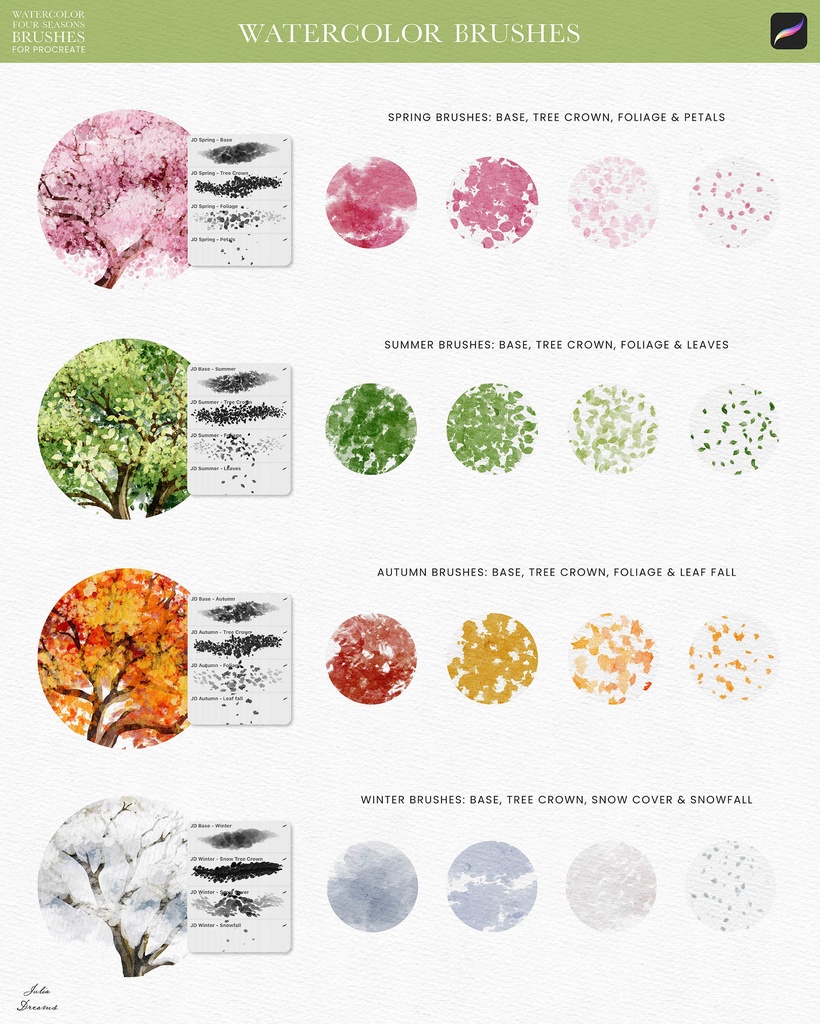 水彩四季の木 Procreate ブラシ Watercolor Four Seasons Tree Brushes Procreate