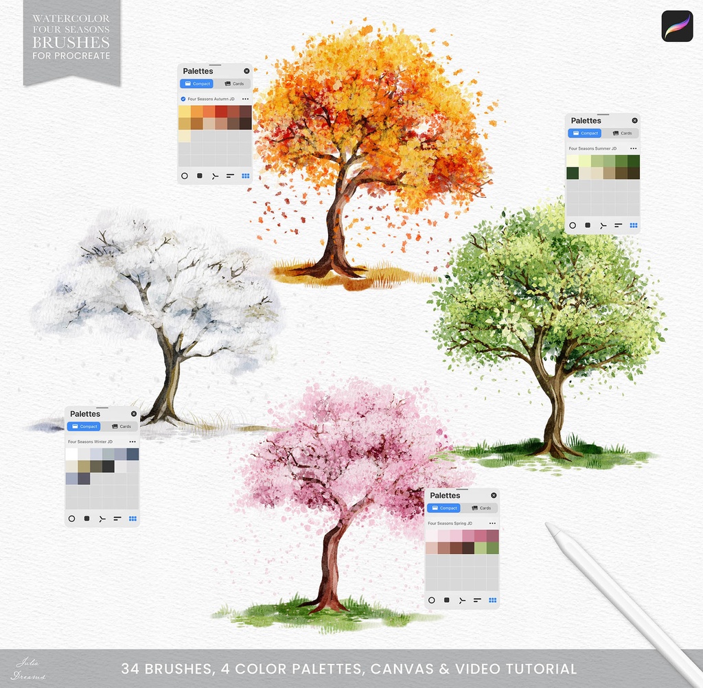 水彩四季の木 Procreate ブラシ Watercolor Four Seasons Tree Brushes Procreate