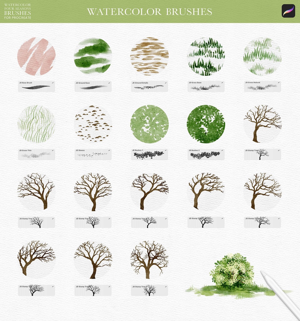 水彩四季の木 Procreate ブラシ Watercolor Four Seasons Tree Brushes Procreate