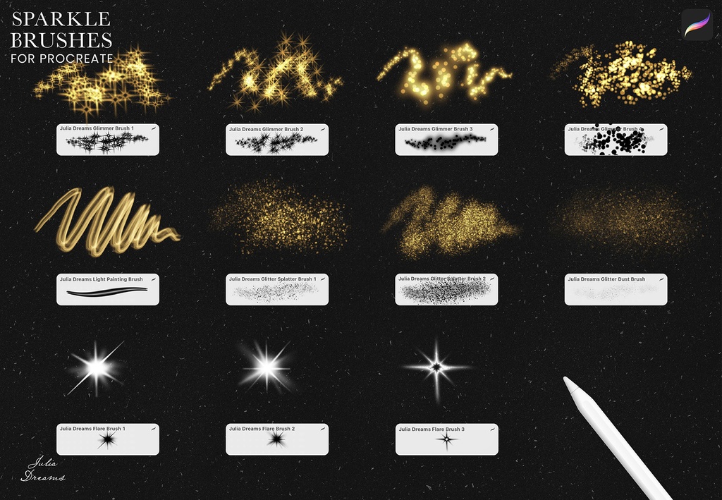 リアルな輝き グリッターゴールド Procreateブラシ Realistic Sparkle Procreate Brushes