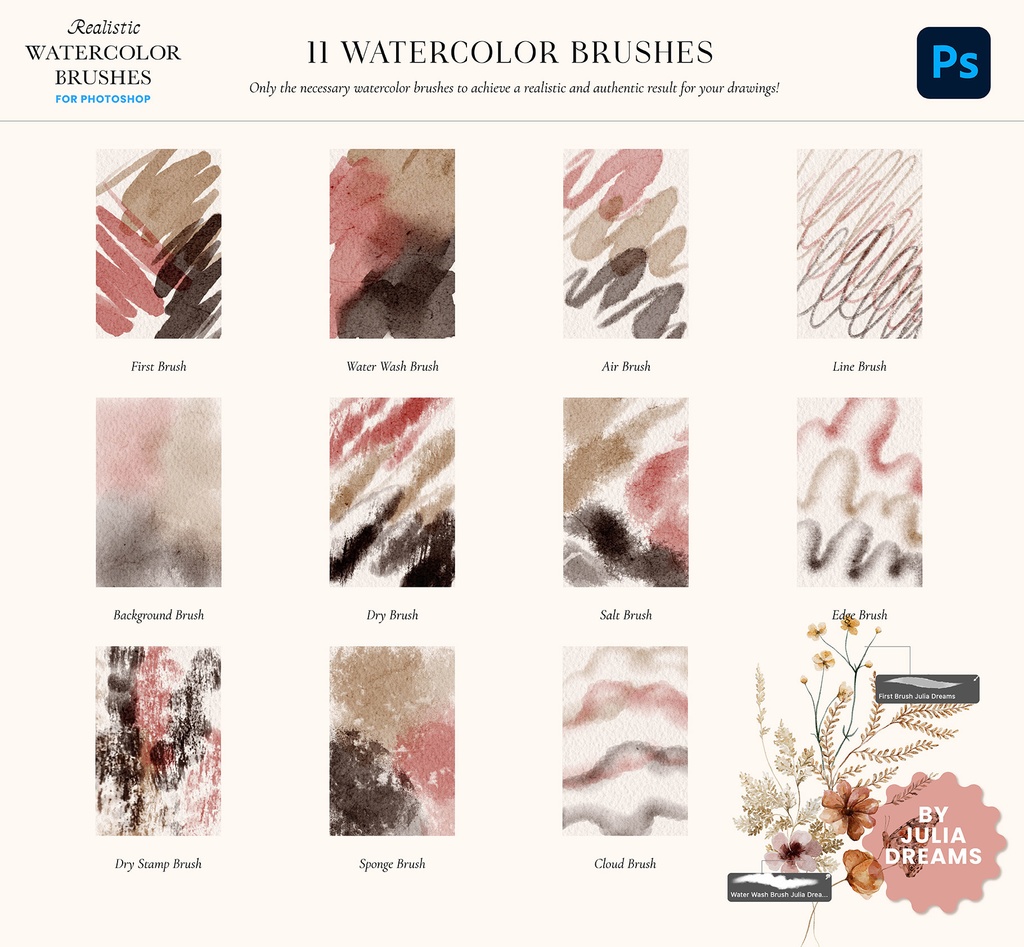 リアルな水彩フォトショップブラシ Realistic Watercolor Photoshop Brushes