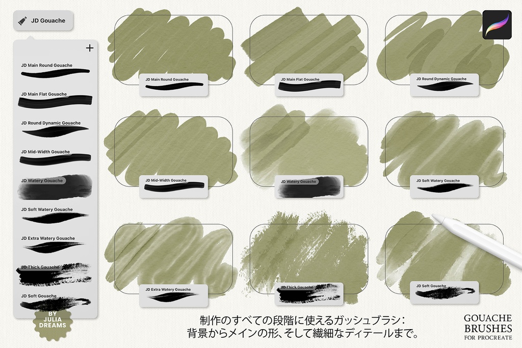リアルなガッシュ Procreate ブラシ Realistic Gouache Procreate Brushes