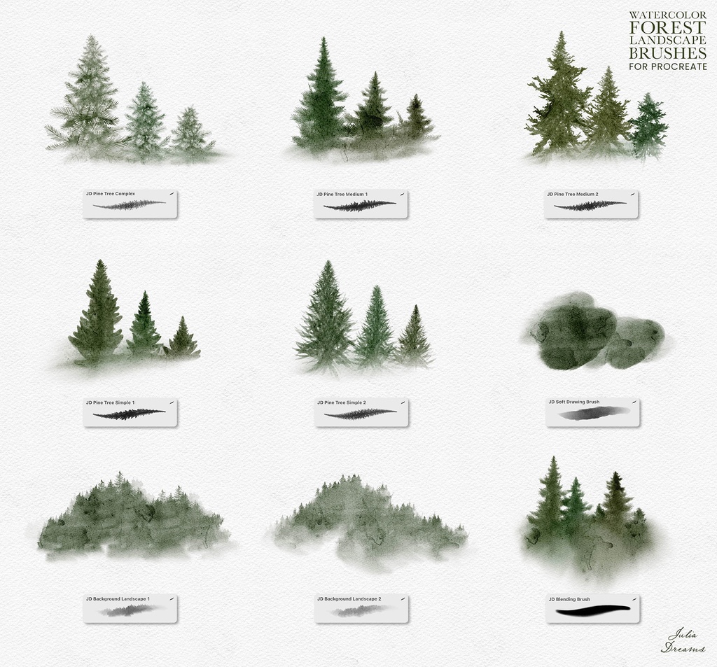 水彩の森の風景 Procreate ブラシ Watercolor Forest Landscape Procreate Brushes