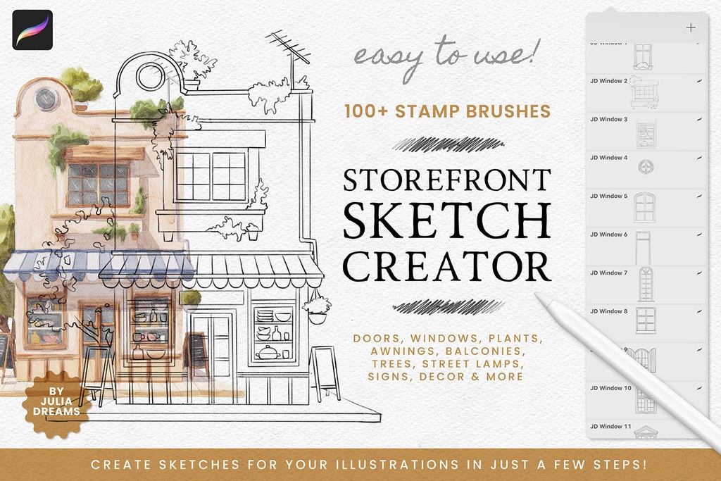 Procreate用ストアフロントスケッチクリエーター:スタンプブラシ Storefront Sketch Creator for Procreate - Stamp Brushes