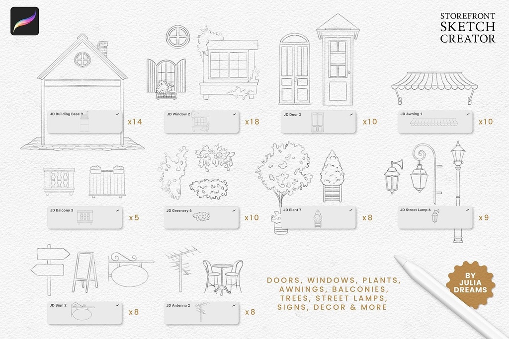 Procreate用ストアフロントスケッチクリエーター:スタンプブラシ Storefront Sketch Creator for Procreate - Stamp Brushes