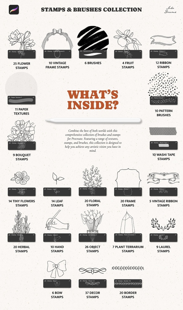 Procreateスタンプ&ブラシ:ボタニカル・フローラル・フラワーブラシ&スタンプ Procreate Stamps and Brushes