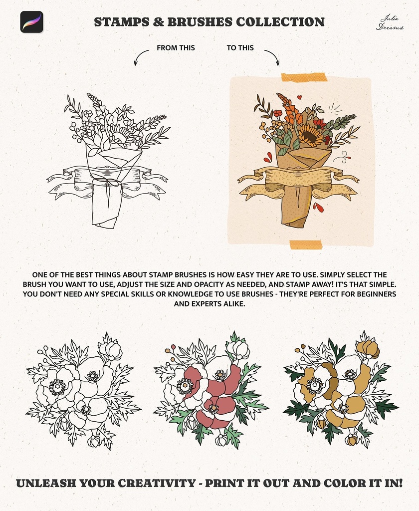 Procreateスタンプ&ブラシ:ボタニカル・フローラル・フラワーブラシ&スタンプ Procreate Stamps and Brushes