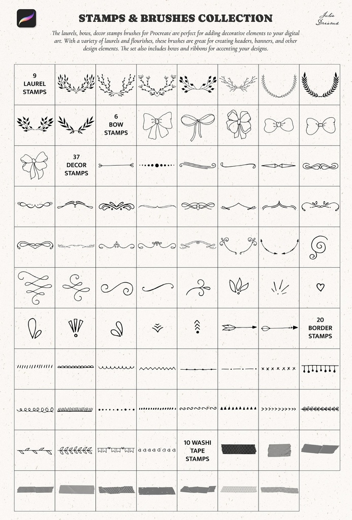 Procreateスタンプ&ブラシ:ボタニカル・フローラル・フラワーブラシ&スタンプ Procreate Stamps and Brushes