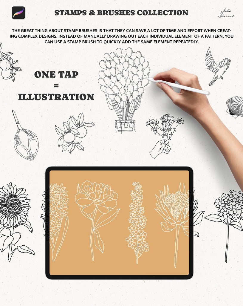 Procreateスタンプ&ブラシ:ボタニカル・フローラル・フラワーブラシ&スタンプ Procreate Stamps and Brushes