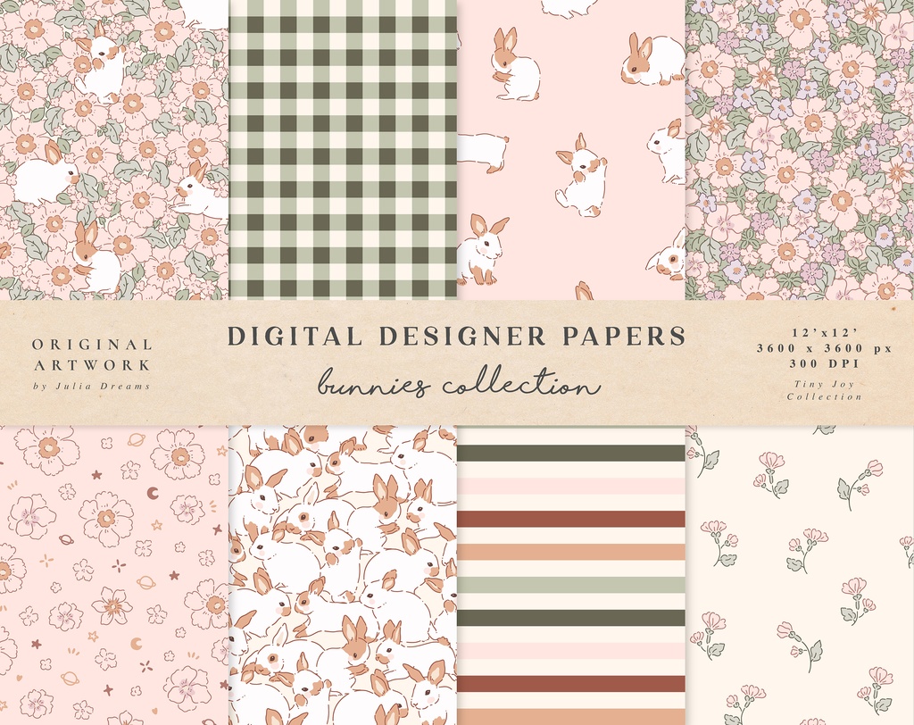 かわいいウサギのシームレスなパターン Cute Bunnies Digital Papers Seamless Pattern