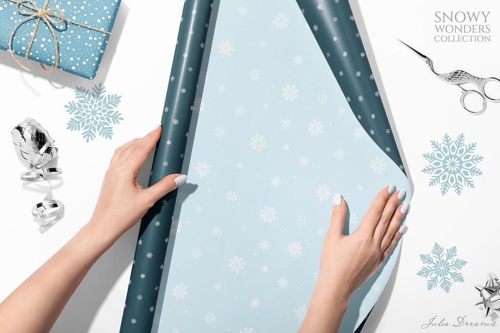 雪の素材セット:スノーフレーク・飾り枠・シームレスパターン