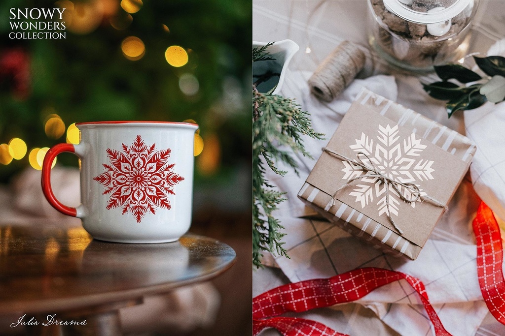 雪の素材セット:スノーフレーク・飾り枠・シームレスパターン