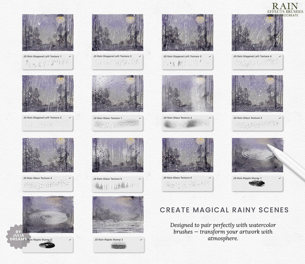雨エフェクト・Procreateブラシ Rain Effects Procreate Brushes