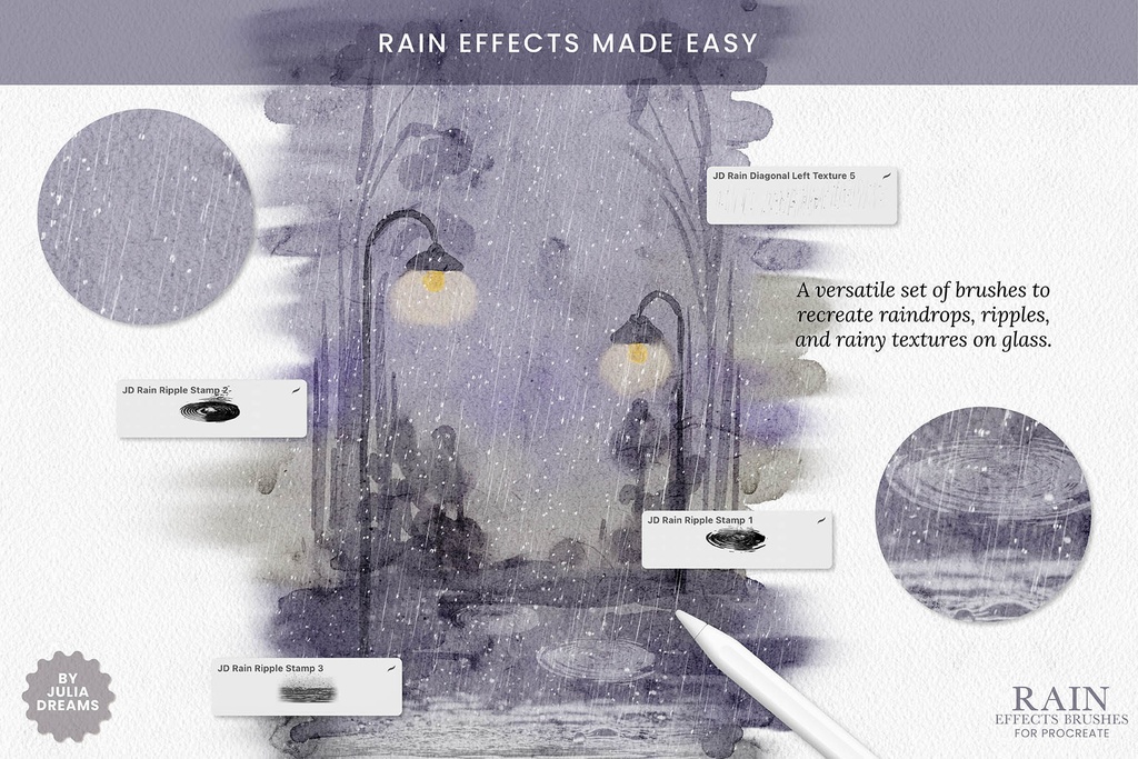 雨エフェクト・Procreateブラシ Rain Effects Procreate Brushes