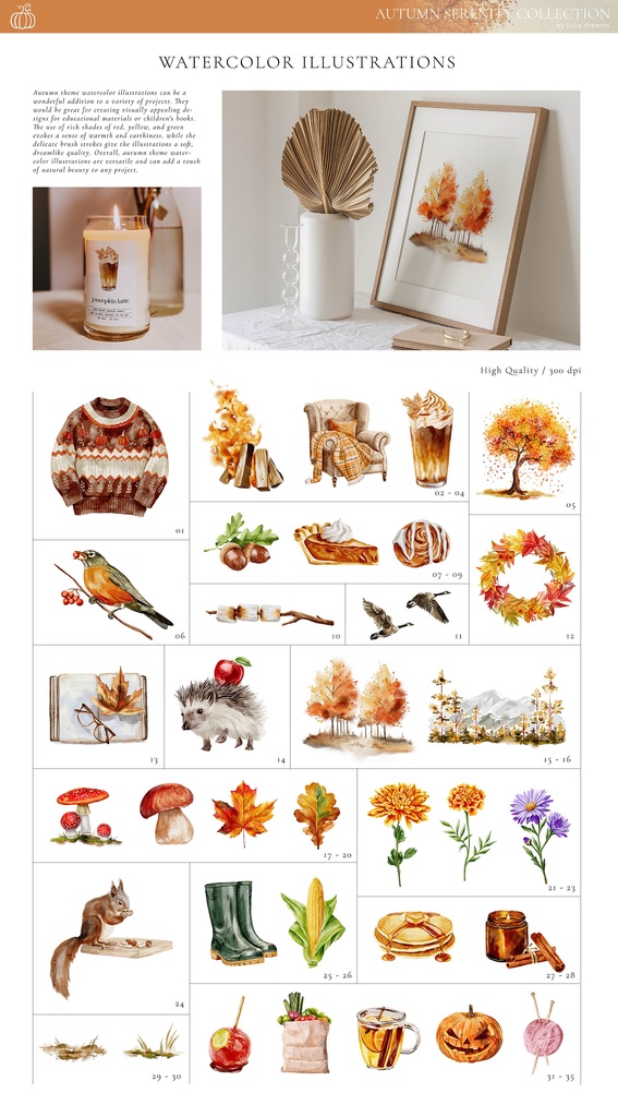 秋のコレクション グラフィック素材集 イラスト・パターン・ウォールアートなど Autumn Serenity Collection