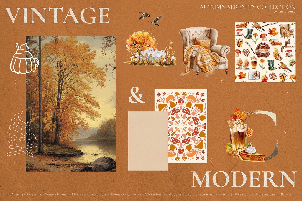 秋のコレクション グラフィック素材集 イラスト・パターン・ウォールアートなど Autumn Serenity Collection