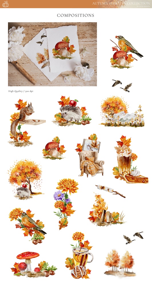 秋のコレクション グラフィック素材集 イラスト・パターン・ウォールアートなど Autumn Serenity Collection
