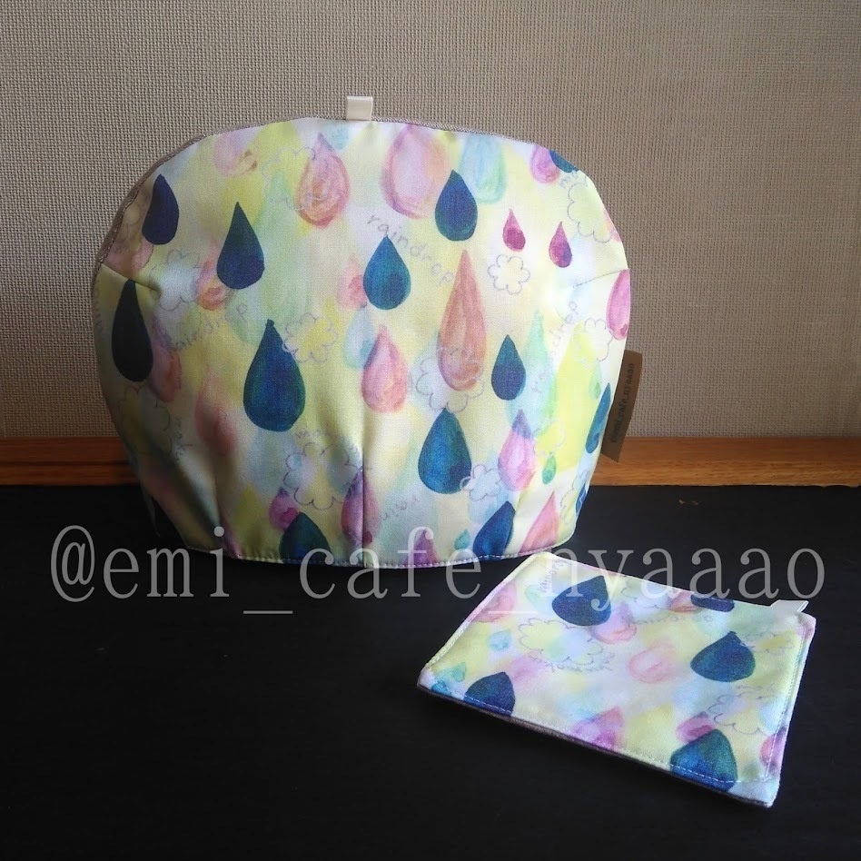 刺繡入りティーポットカバー＆マット オリジナル生地 raindrop