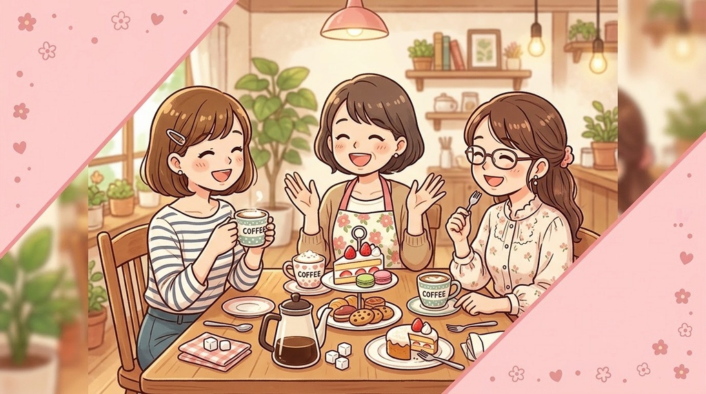 女子会・カフェティータイム 16:9フレーム付きイラスト素材（文字スペース有）