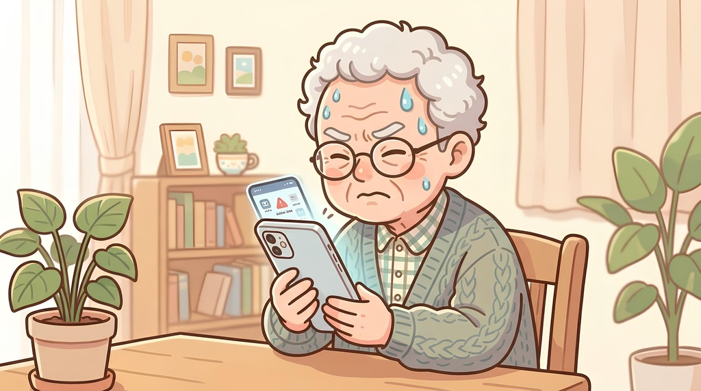 スマホの操作や警告に困るシニア男性 16:9イラスト素材