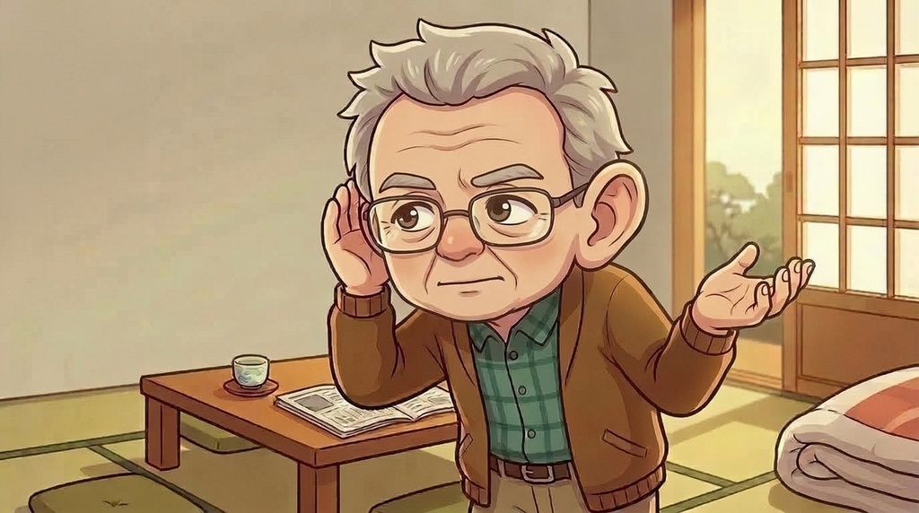耳をすます・聞き取りにくそうなシニア男性 16:9イラスト素材