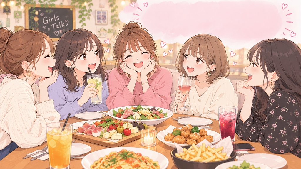 女子会・カフェランチ 16:9イラスト素材（吹き出しメモスペース有）