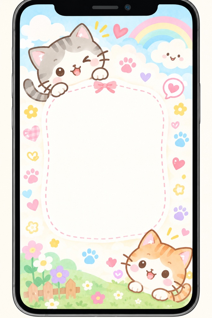 【商用利用可】パステル猫とお花の可愛いフレーム素材（縦長スマホサイズ）