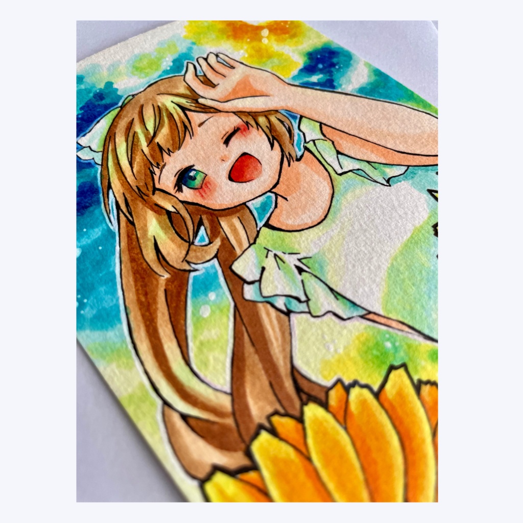 原画(一点物)/ひまわりと夏空のウィンク*ハガキサイズ|サイン入り