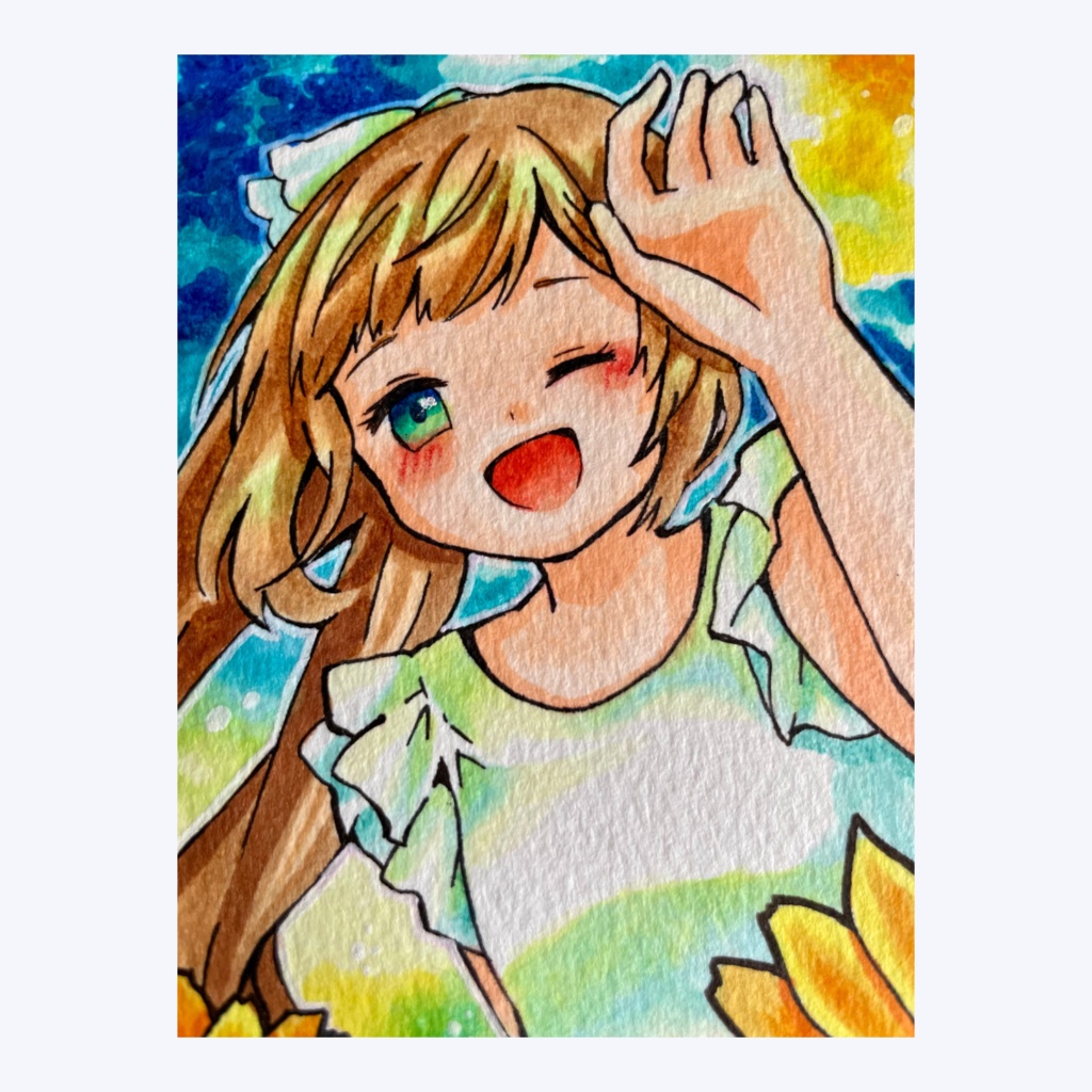 原画(一点物)/ひまわりと夏空のウィンク*ハガキサイズ|サイン入り