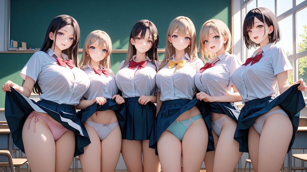 [220枚]巨乳JKたくし上げハーレム高画質イラスト集