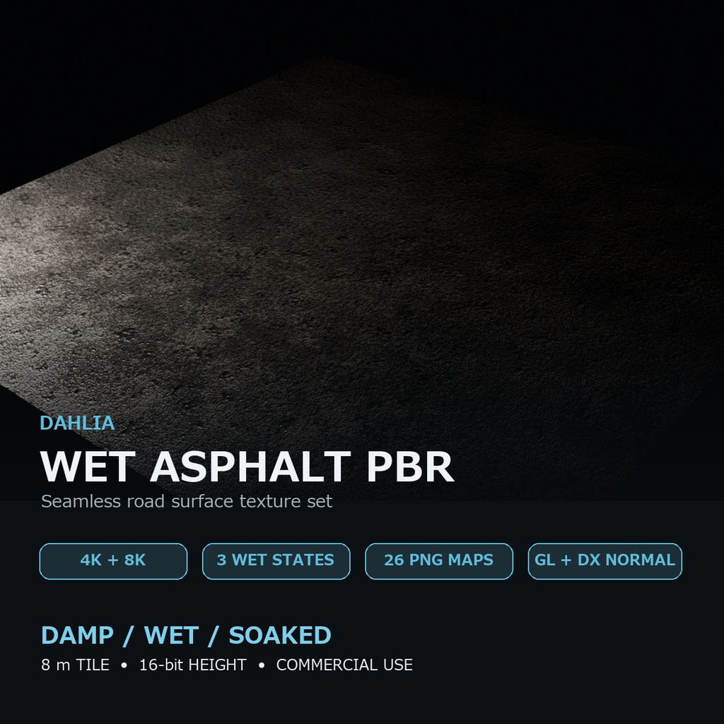【4K/8K・3状態】Dahlia Wet Asphalt PBR｜シームレス濡れアスファルト素材