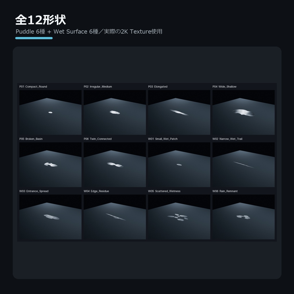 【2K/4K・12種】Dahlia Puddle & Wet Surface Decals|水たまり・濡れ跡PBR素材