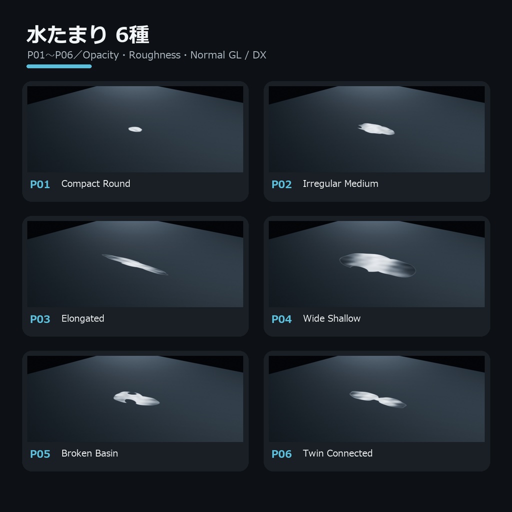 【2K/4K・12種】Dahlia Puddle & Wet Surface Decals|水たまり・濡れ跡PBR素材