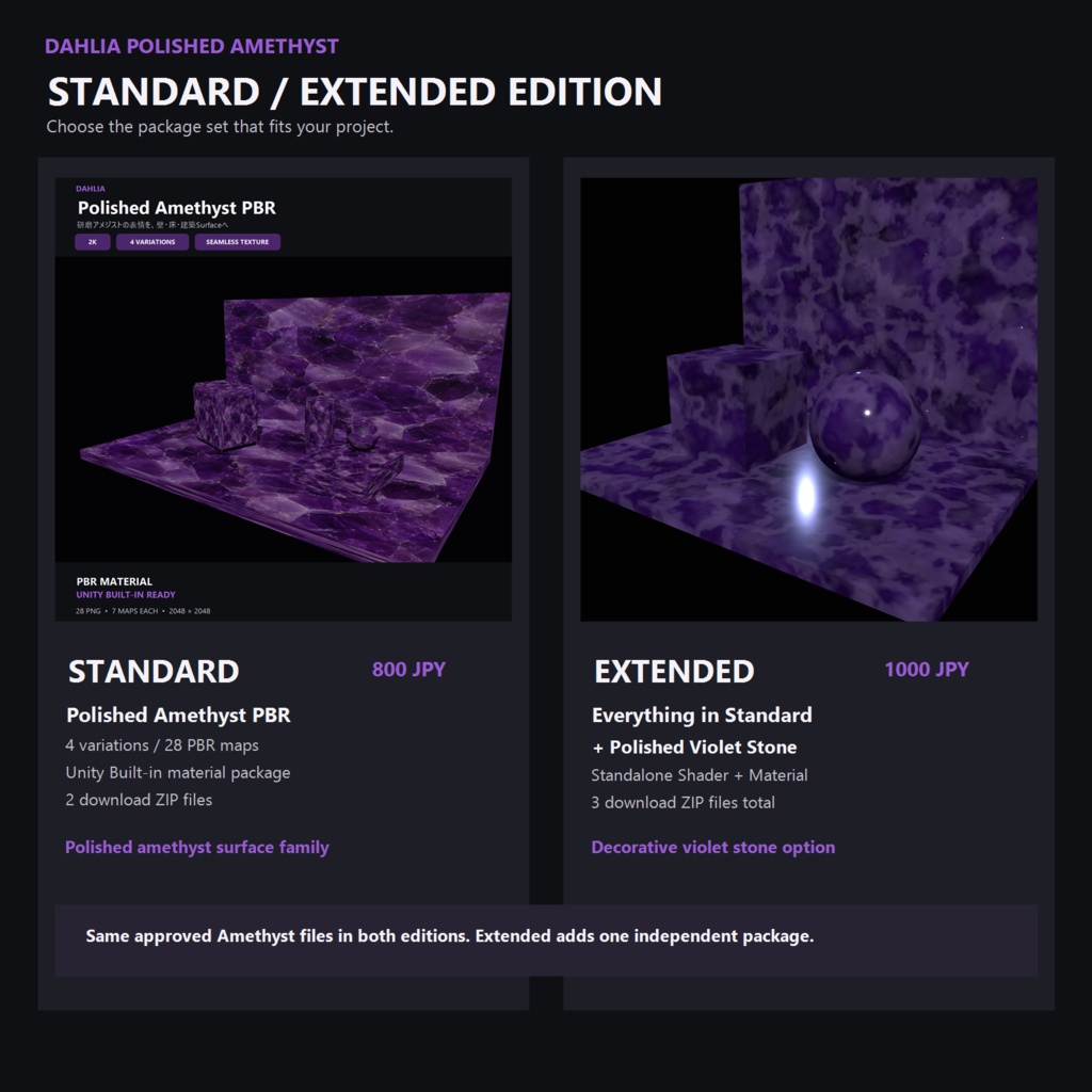 【2K・4種】Dahlia Polished Amethyst PBR|シームレス研磨アメジスト素材【Unity Built-in対応】