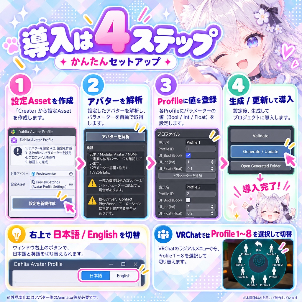 【VRChat / MA対応】Dahlia Avatar Profile|アバター設定を最大8つのプロファイルで一括切替