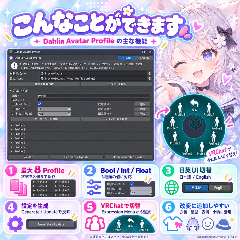 【VRChat / MA対応】Dahlia Avatar Profile|アバター設定を最大8つのプロファイルで一括切替