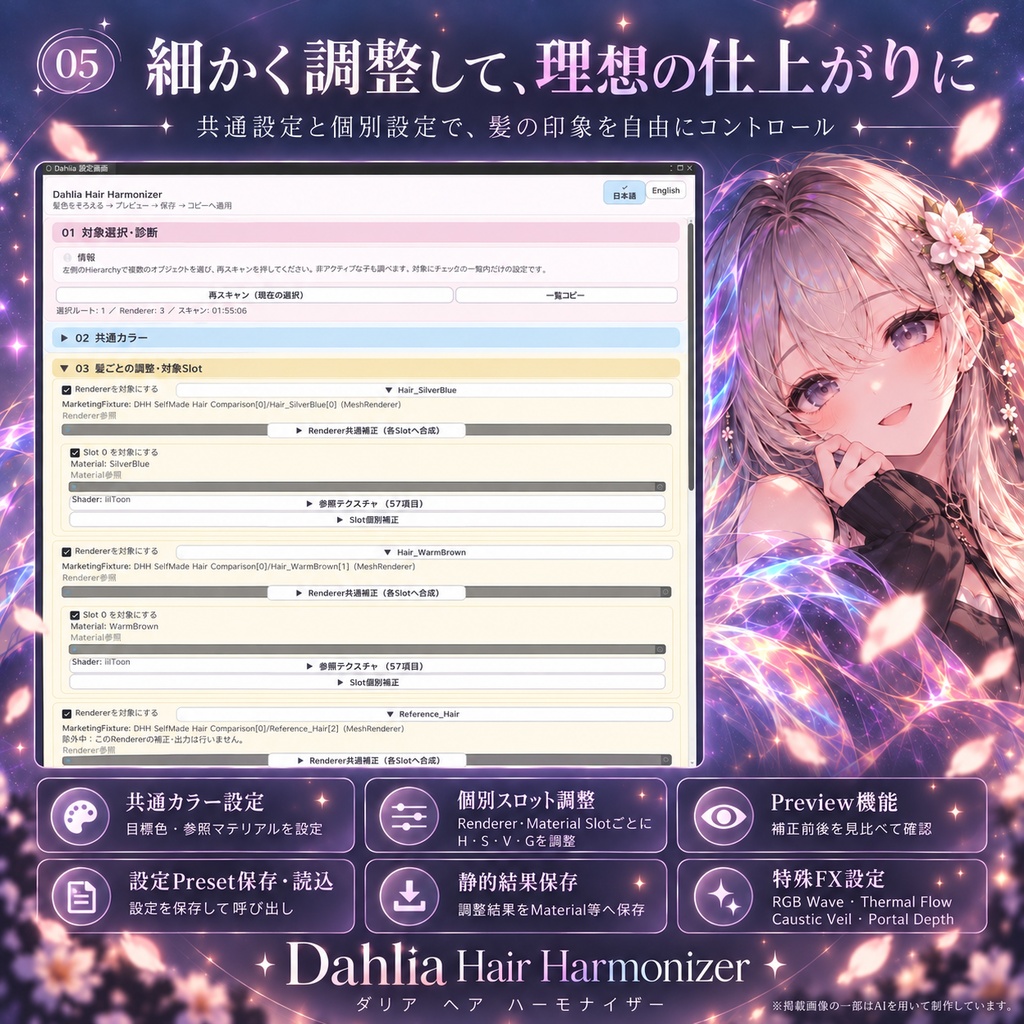 Dahlia Hair Harmonizer|髪色・陰影・質感の調整ツール【VRChat / lilToon】