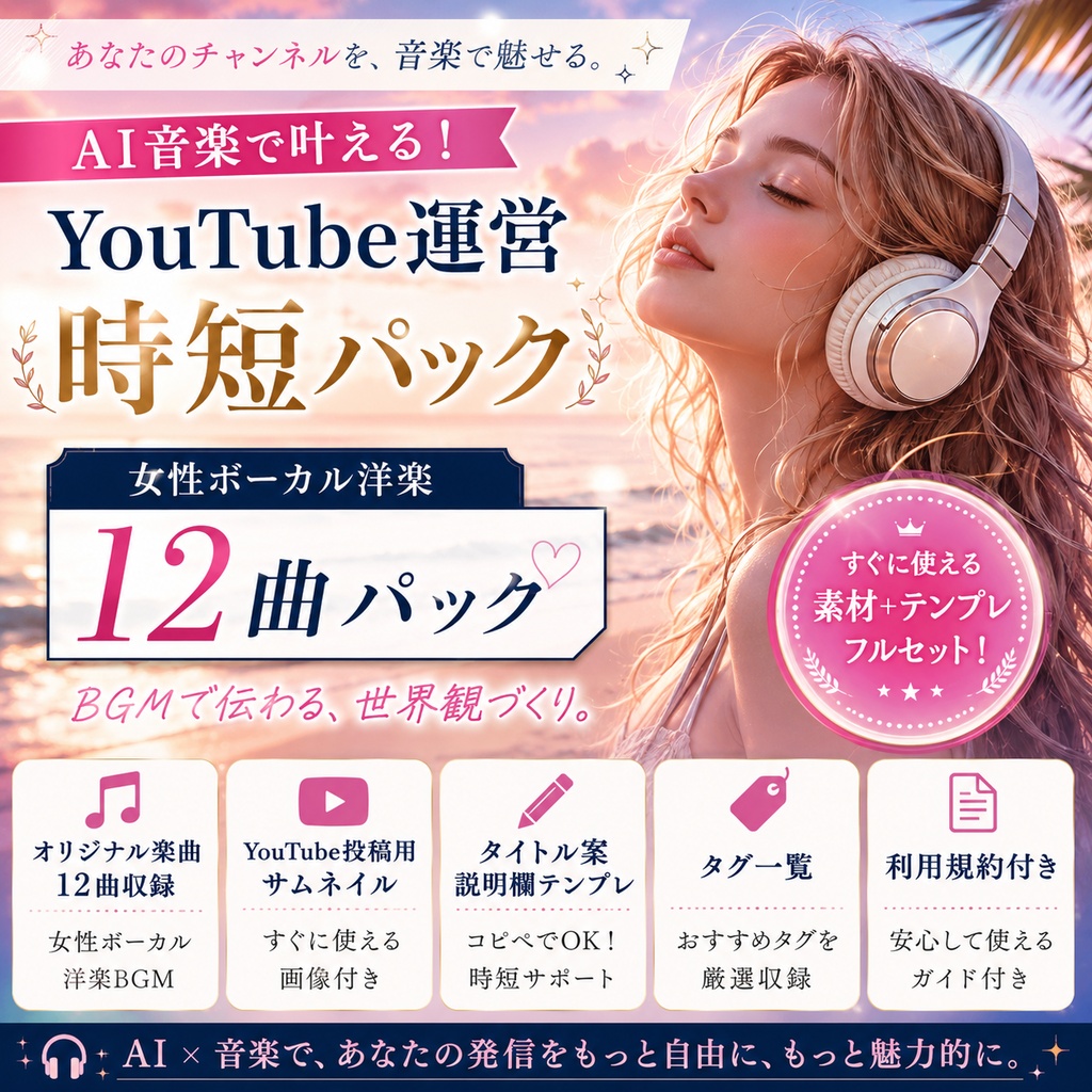 AI音楽副業YouTube投稿時短パック_女性ボーカル洋楽LoFi12曲ほかセット