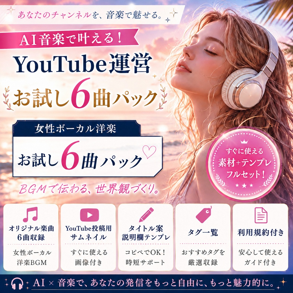 お試し6曲パック_AI音楽副業YouTube投稿時短_女性ボーカルボーカル洋楽LoFi曲ほかセット