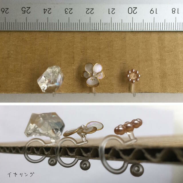 三種の耳飾りと指輪の標本箱