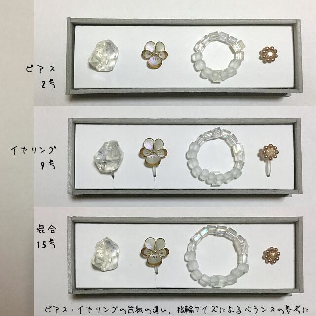 三種の耳飾りと指輪の標本箱