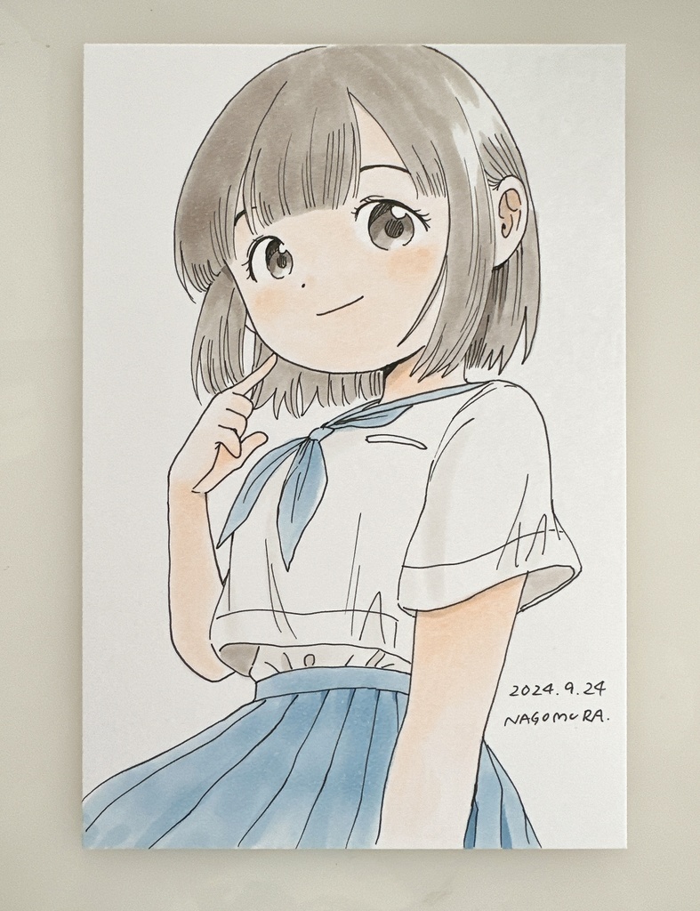 ハガキ原画(水色セーラー服)