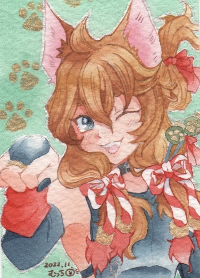 顔彩ミニ原画「お手」