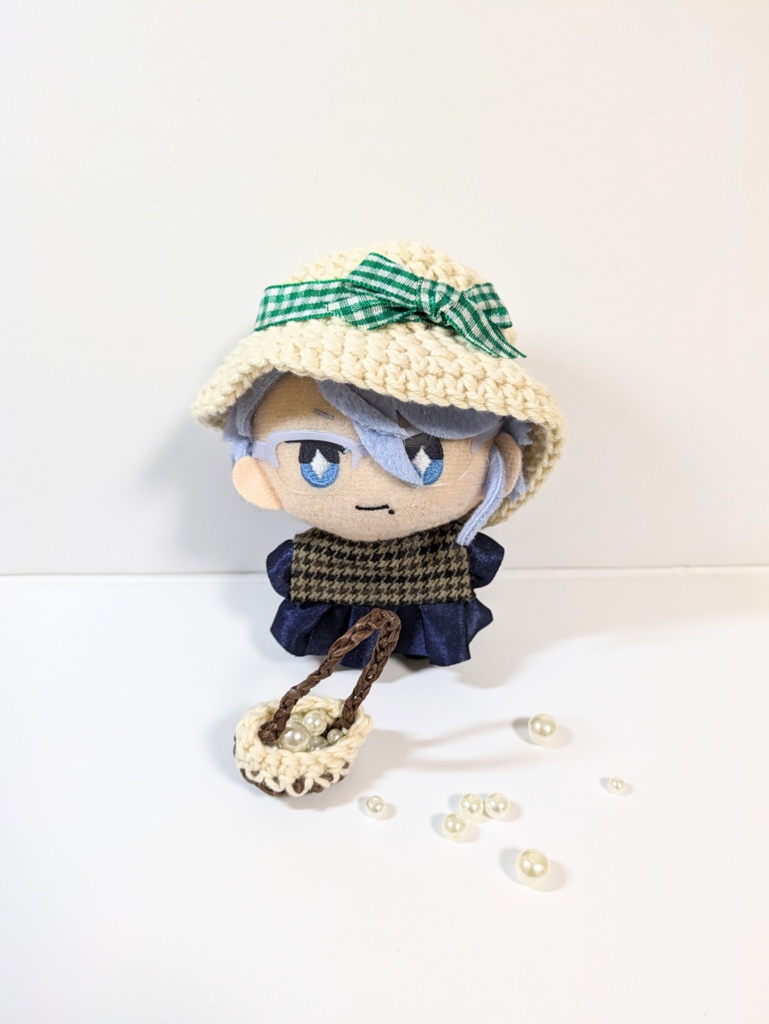 ぬい服10cm ギンガムチェックハット&かごバッグセット