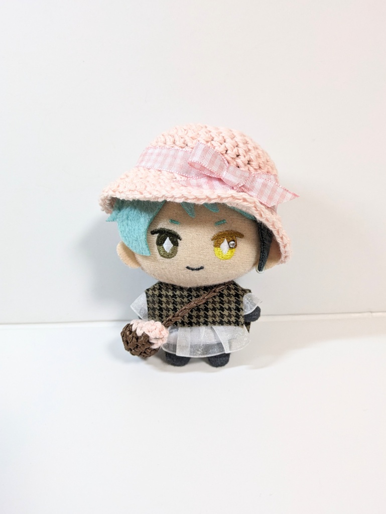 ぬい服10cm ギンガムチェックハット&かごバッグセット