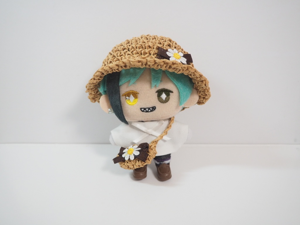 ぬいの麦わら帽子&かごバッグセット「お花リボン」 10cmサイズ