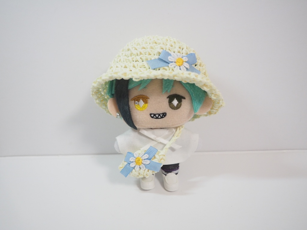 ぬいの麦わら帽子&かごバッグセット「お花リボン」 10cmサイズ