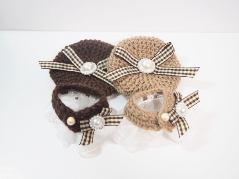 10cmぬい服 チェックリボンケープ&ベレーセット(ブラウン系)