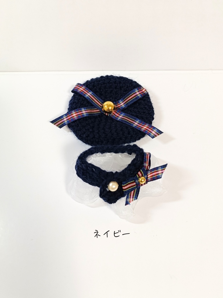 10cmぬい服 チェックリボンケープ&ベレーセット(ネイビー系)