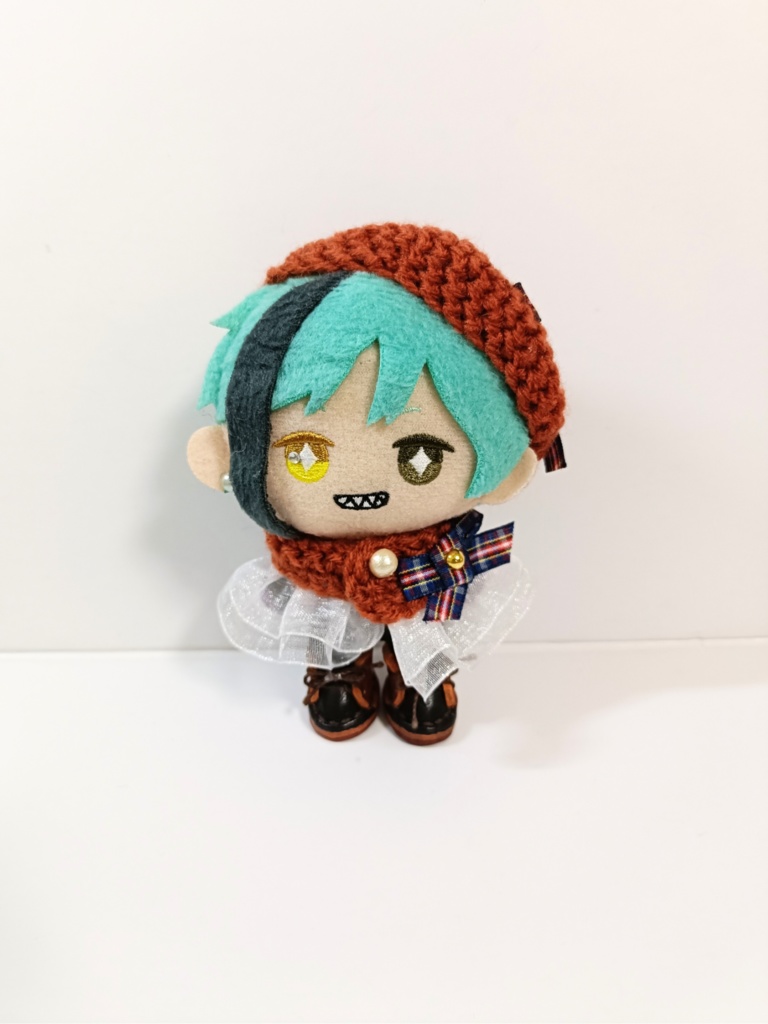 10cmぬい服 チェックリボンケープ&ベレーセット(ネイビー系)